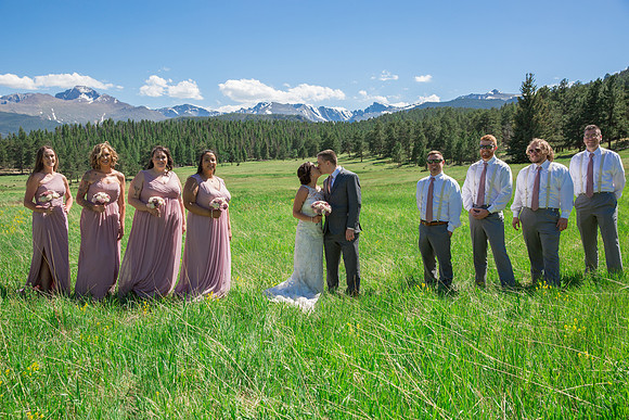 Bride and Groom with wedding party Estes Park
